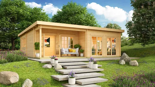 Fjordholz Ferien- und Freizeit Haus Modell Westerland 90 - Massives Ferien- und Freizeithaus aus nordischer Fichte mit starken Wandbohlen, stabiler Dachkonstruktion und hochwertiger Ausstattung. Ideal für entspannte Tage im Garten.