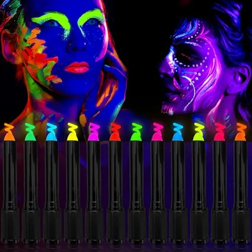 Strehknewen 12 Farben Neon UV Kinderschminke Set,Waschbare Schminkstifte & Schminkfarben, Körperfarbe Buntstifte für Halloween Karneval Fasching, UV Bodypainting Make-up