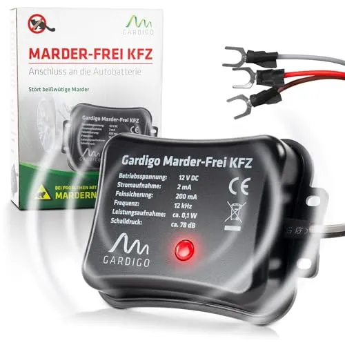 Gardigo Marderschreck Marder-Frei KFZ | 25 Jahre Erfahrung Marderabwehr Auto | Anschluss an 12V Autobatterie I Marderschutz für Auto | Abwehr gegen Marder KFZ Marder vertreiben Motorschutz