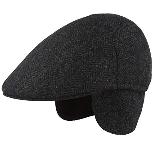 Breiter Herren Winter Schiebermütze, Flatcap, Schirmmütze, Wolle, ausklappbarer Ohrenschutz, Hautfreundlich, Marine-Fischgrät, L