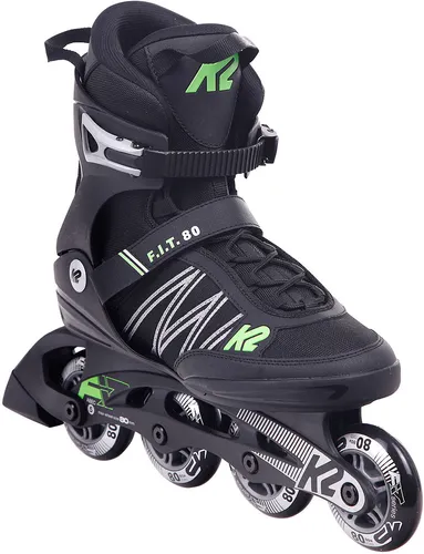 K2 F.I.T. 80 Inline Skate black/green - 45 - Inliner mit perfektem Halt dank traditioneller Schnürung und Schnalle. Das Stability Plus Cuff bietet Unterstützung, während die F.B.I. Schiene Stöße absorbiert für ein geschmeidiges Fahrgefühl.