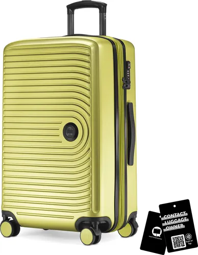 Mitte - mittelgroßer Koffer + digitaler Namensschild, erweiterbarer Reisekoffer Check-In Gepäck Rollkoffer 90L Gurtmaß 158 cm Doppelrollen Trolley TSA,Farn