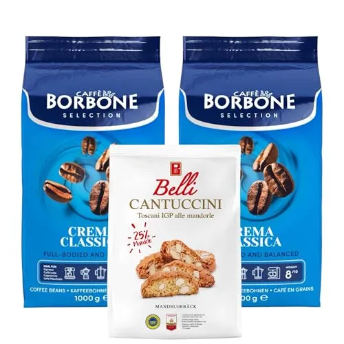 Caffè Borbone Kaffee Bohnen Set 2Kg Crema Classica Selection + Belli Cantuccini Mandelgebäck 250g | Ganze Kaffeebohnen mittlere Röstung intensiv