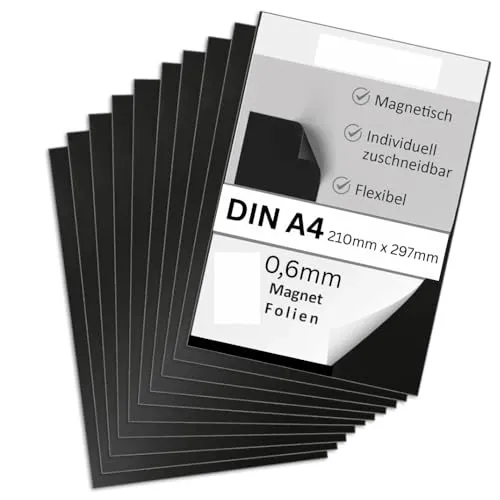 Strong Magnets Neodym anisotrope Magnetfolie – DIN A4 (210 x 297 mm) – 0,6 mm - 5 Stück - Extra stark - dezent, praktisch & flexibel zuschneidbar