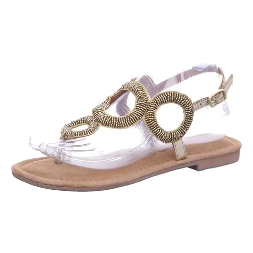 Lazamani Zehenstegsandalen Damen 31373831373539 Gold 37 EU - Wanderschuhe mit trendigem Design, aus hochwertigem Leder mit metallischem Finish und weichem, atmungsaktivem Fußbett für optimalen Tragekomfort an heißen Tagen.