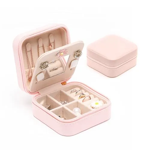 Kzouenzu Schmuckkästchen [Spiegel], Schmuckkästchen Reise, Schmuckschatulle Für Mädchen, Für Ohrringe, Halsketten, Ringe, Hochzeit Geschenk [Rosa]