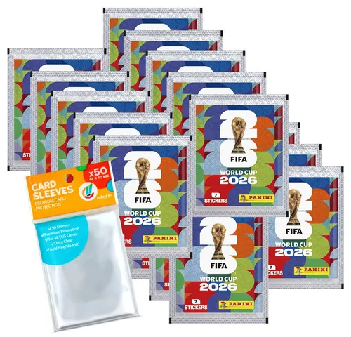 Panini Sammelkarte WM 2026 Sticker - 20 Tüten + exklusive Hüllen - Sammle jetzt die offiziellen Sticker zur WM 2026! Enthalten sind 20 Tüten mit je 7 Stickern sowie 40 exklusive Sleeves zur sicheren Aufbewahrung. Perfekt für jeden Fußballfan und Sammler!