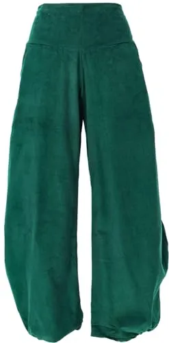 GURU SHOP Weite Boho Cord Pluderhose - Smaragdgrün, Damen, Size:M - Bequeme und stylische Cord Pluderhose aus Feincord mit elastischem Bund für hohen Tragekomfort. Perfekt für ganzjährige Kombinationen und lässigen Ethno Look dank praktischer Eingriffstaschen.