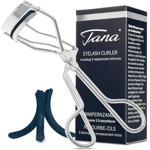 TANA Wimpernzange Silber | 1 Stück, inkl. 3 Ersatzpads | silberner Eyelash Curler für alle Augenformen I Perfekte Eyelashes (Wimpernzange Silber inkl. 3 Ersatzpads blau)