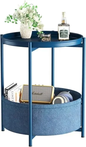 Huhote Beistelltisch, Runder Beistelltisch mit Stoffkorb, Kleiner Nachttisch, Nachttisch Sofatisch für Wohnzimmer, Schlafzimmer, Badezimmer, Balkon, Moderner Stil (Blau)