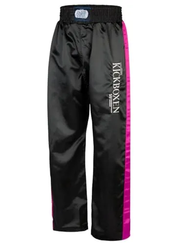 BAY-Sports Kickboxhose schwarz pink für Kinder und Erwachsene - Kampfsporthose aus strapazierfähigem Polyester mit Gummibund und Schnürung, ideal für Kickboxen und andere Kampfsportarten.