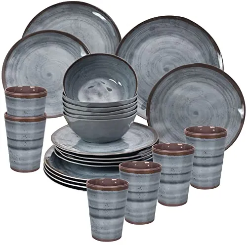 Melamin Camping Geschirr Set für 6 Personen grau 24 Teile - mit Tellern und Bechern - Campinggeschirr
