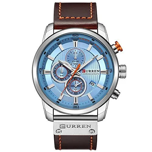 CURREN Herren-Armbanduhr mit Lederband, Militär-Stil, Chronograph, wasserdicht, Sport, Datum, Quarz-Armbanduhr, Geschenke (Silberblau)