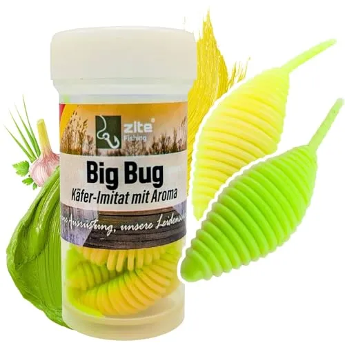 Zite Fishing Big Bug Forellenköder Gummi | Käfer-Imitat 5 cm 8 Stück | Knoblauch & Käse Flavour | Made in Germany | Phthalatfrei | UL Twitchköder am Tungsten Jighaken (Matcha Latte Knoblauch)