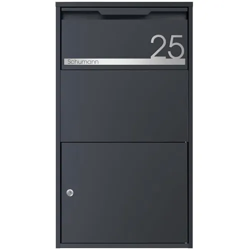 MOCAVI Paketbox 55 - Großer Paketkasten anthrazit/Edelstahl matt personalisiert für Zuhause | Paketannahmebox individuell | Sichere, wetterfeste Paketstation RAL 7016 | rostfrei | Paketbox geräumig