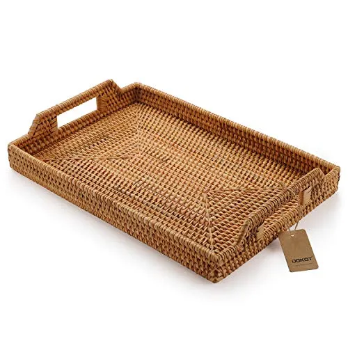 Serviertablett Rechteckiges Tablett rutschfest Mit Griff, Rattan (Natürlich, 43x29x4.5cm)