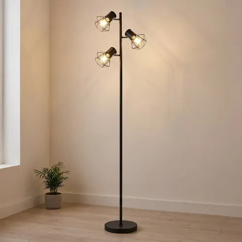 LED Stehleuchte Industrial Design 3-flammig - Stehleuchte im modernen Industrial Design, ideal für Wohnzimmer und Schlafzimmer. Inklusive 3 warmweißer E27 Filament LED-Leuchtmittel für gemütliche Beleuchtung und lange Lebensdauer von bis zu 15.000 Stunden.