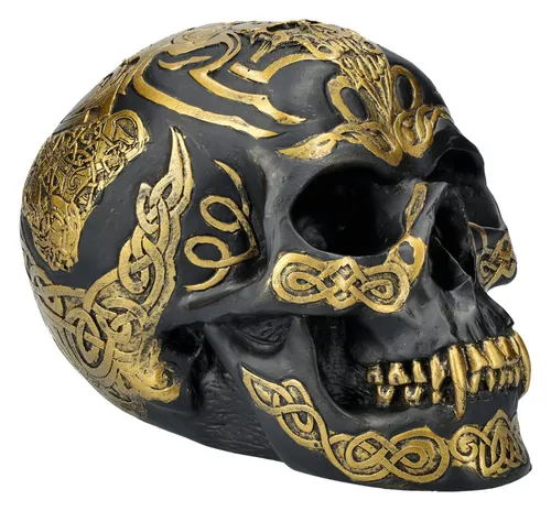 Figuren Shop GmbH Fantasy-Figur Totenkopf schwarz mit keltischen Verzierungen - Schwarzer Totenkopf mit keltischen Details, ideal für Gothic-Dekoration. Entdecken Sie unsere große Auswahl an einzigartigen Kunstobjekten.