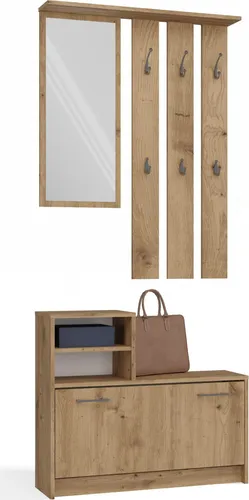CDF Garderobe | Farbe: Eiche Artisan | Großer Spiegel | Kleiderbügel | Geräumiger Schuhschrank | Ideal für Diele, Flur | Praktische Ablagen