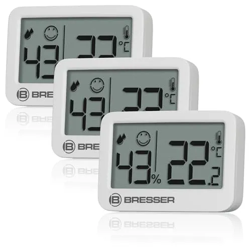 Bresser Tempy Thermo-Hygrometer, Set mit 3 Stück, für Klimakontrolle, Temperatur und Luftfeuchtigkeit, Gesichtsanzeige, magnetische Befestigung