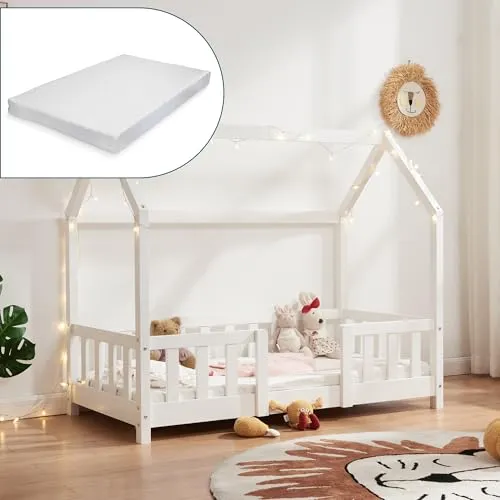 [en.casa] Kinderbett Sisimiut mit Matratze 70 x 140 cm - Kleinkindbett mit effektiven Rausfallschutz und allergikergeeigneter Kaltschaummatratze für einen gesunden Schlaf.