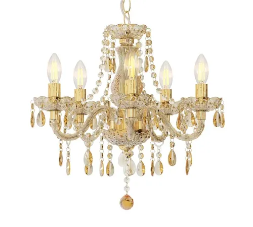 Eleganter Kronleuchter in Gold, 5-flammig mit Acrylbehang - Kronleuchter aus Metall und Acryl in edlem Gold, 5 E14 Fassungen für kerzenförmige Leuchtmittel, ideal für Flur, Wohnzimmer oder Schlafzimmer, bringt glanzvollen Akzent in Ihr Zuhause.