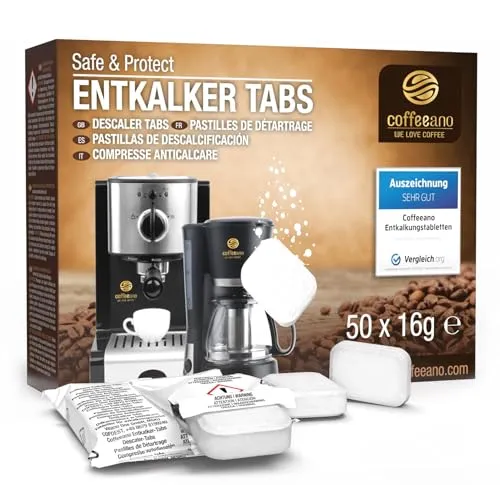 Coffeeano 50 Entkalkungstabletten für Kaffeevollautomaten - Entkalkung & Reinigung für Kaffee- & Espressomaschinen, hochwirksame SAFE & PROTECT Formel für optimalen Anti-Kalk-Schutz und verlängerte Lebensdauer Ihrer Geräte.