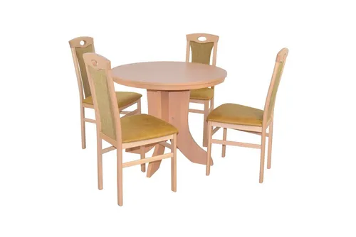Essgruppe Paulina (5-teilig) - Hochwertige 5tlg. Essgruppe mit 4 Massivholzstühlen und 1 Esstisch. Bequeme, schaumstoffgepolsterte Stühle mit attraktiven Stoffbezügen – ideal für gemütliche Familienessen.