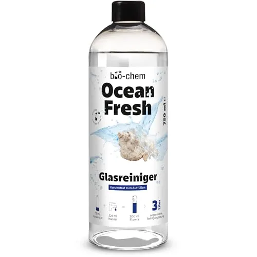 bio-chem Ocean Fresh Glasreiniger Konzentrat | Küchenfronten Reiniger für streifenfreien Glanz | maritimer Frischeduft für Fenster, Glastische | 750 ml Konzentrat für bis zu 3 Liter