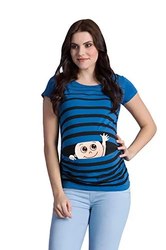 Winke Winke Baby Umstandsshirt - T-Shirts für Schwangere - Lustiges, gestreiftes Schwangerschaftsshirt mit Winke Winke Baby Motiv und seitlichen Raffungen für optimalen Tragekomfort während der Schwangerschaft.