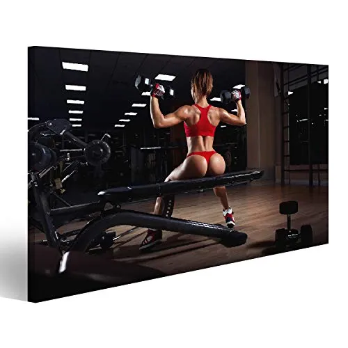 Bild auf Leinwand sexy junges Mädchen, das sich nach den Kurzhantel-Übungen ausruht. Fitness-Frau auf der Bank im Fitnesstraining mit Hant Wandbild Leinwandbild Kunstdruck Poster 80x40cm