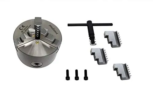 Dreibackenfutter 100 mm mit 3-Loch-Aufnahme - Aschesauger-Zubehör, inklusive Innen- und Außenbacken sowie Futterschlüssel für eine einfache Handhabung und präzise Befestigung.