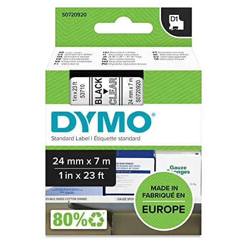 DYMO Original D1-Etikettenband 24 mm x 7 m | Schwarz auf Transparent - Selbstklebendes DYMO D1-Etikettenband für LabelManager-Geräte. Ideal für Büro und Zuhause. Die Etiketten haften zuverlässig und lassen sich leicht wieder entfernen, ohne Rückstände zu hinterlassen.