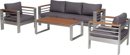 Merxx Gartenmöbel Lounge Set Nestos mit Kissen - 2 Sessel, 3er Bank & Tisch - Aluminium in Holzoptik - Genießen Sie stilvolle Entspannung im Freien mit dem Lounge Set Nestos. Mit robustem Aluminiumgestell, komfortablen Kissen und eleganter Holzoptik ist es perfekt für Garten, Terrasse oder Balkon.