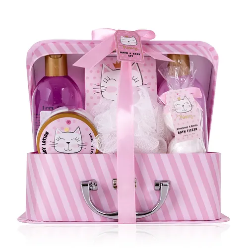 Geschenkset Geschenkkoffer Duschset Wellness Princess Kitty - Bade-Sets für Damen und Kinder, tierversuchsfrei mit verführerischem Erdbeer- und Vanilleduft, inklusive Badebombe, Duschgel, Lotion und mehr für ein entspannendes Wellness-Erlebnis.