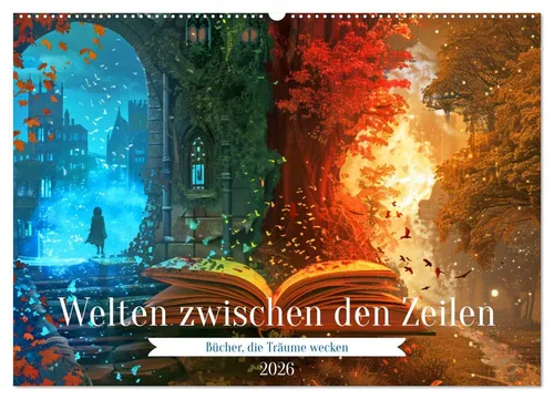 CALVENDO Wandkalender Welten zwischen den Zeilen - Bücher, die Träume wecken - Erlebe jeden Monat neue, faszinierende Buchwelten mit diesem hochwertigen Wandkalender. Genießen Sie 12 wunderschöne Bilder und lassen Sie sich inspirieren. Nachhaltig produziert in Deutschland mit FSC-zertifiziertem Papier.