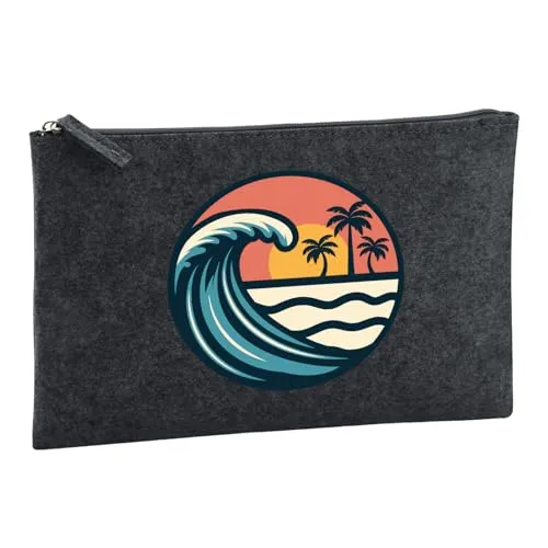 Huuraa Kulturbeutel Beach Strand Welle 1 Liter Charcoal Filz Kosmetiktasche Geschenkidee