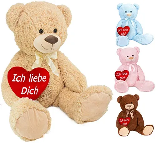 BRUBAKER XXL Teddybär 100 cm - Beige mit Herz - Stofftier & Teddybären: Kuscheltier mit 32 cm großem 'Ich liebe Dich'-Kissen. Flauschig und perfekt zum Knuddeln, ideal als Geschenk für besondere Anlässe!