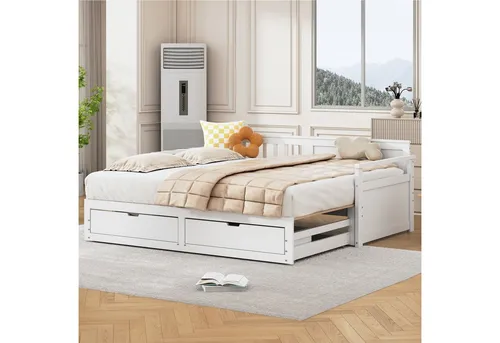 MODFU Schlafsofa Multifunktionales Zwei-in-Eins-Tagesbett, mit Kiefernbett, Schubladen und Ausziehbett 90 x 190 cm/180 x190 cm, ohne Matratze