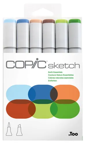 COPIC Layoutmarker Sketch Set Earth Essentials, 6 Stück - Professionelle Grafikmarker in 6 erdigen Farben, mit flexibler Pinselspitze für perfektes Schattieren und Verblenden. Ideal für Künstler und Kreative, nachfüllbar und ultra-mischbar.