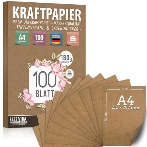 Blatt Kraftpapier A4 Set - 180 g - 21 x 29,7 cm - DIN Format - Bastelpapier & Naturkarton Pappe Blätter aus Kraftkarton zum Drucken, Kartonpapier Basteln für Vintage Hochzeit Geschenke Etiketten 100