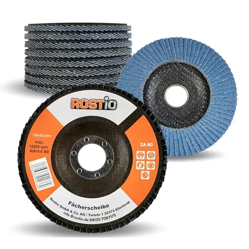Rostio Fächerscheibe 125 mm Edelstahl Inox Fächer-Schleifscheibe Zirkonkorund Blau Flex/Winkelschleifer (Korn 80) 10 x