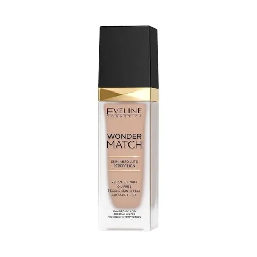 Eveline Cosmetics Wonder Match Flüssige Foundation - 24H Makelloser Teint, Vegan-freundlich, Öl-frei, Volle Deckkraft mit Hyaluronsäure & Thermalwasser für glatte & elastische Haut