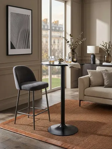 KADIMA DESIGN Bartisch Schwarz Ø 60 cm - Moderner Stehtisch aus Metall & Holz - Eleganter Bartisch mit schwarzem Trompetenfuß und robuster Tischplatte aus MDF. Ideal für private Feiern oder Gastronomie. Maximalbelastung: 30 kg. Leichte Montage mit verständlicher Anleitung.