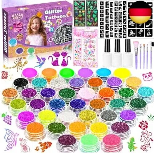 FAMKEEP Glitzer Tattoo Set Kinder, Temporäres Glitzers Tattoo,42 Farben Glitzer Make Up Kit für Kinders,223 Tattoo Schablonen,5 Pinsel, 3 Kleber,Wasserdichte Tattoos für Geschenk Kinder Karneval