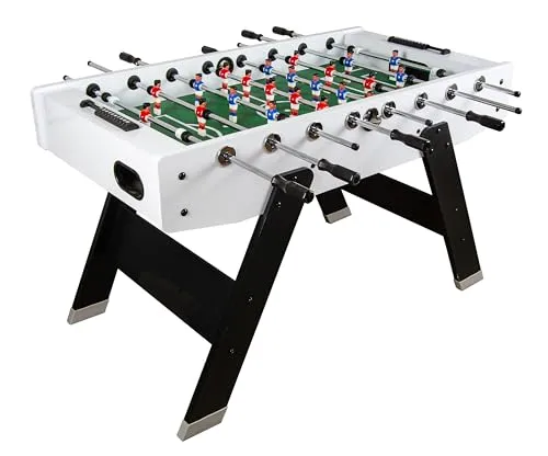 Leomark Tischfußball-Set White Edition - Tischkicker in stilvollem Weiß-Schwarz, ideal für Zuhause und Büro. Robuste MDF-Konstruktion für Stabilität und authentisches Spielerlebnis mit 11 Spielfiguren pro Spieler.