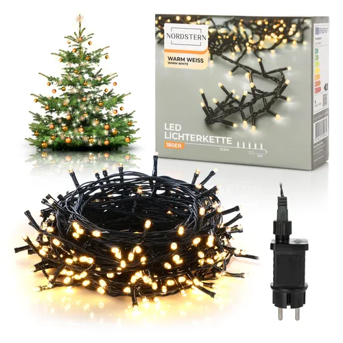 Nordstern LED Lichterkette Warmweiß 180 LEDs - Weihnachts Beleuchtung für Innen & Außen mit Stecker 13,5 m - Deko Weihnachtsbaumbeleuchtung Wetterfest