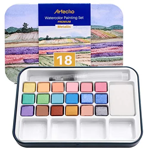 Artecho Aquarellfarben Set, 18 Metallic Farben Wasserfarben, Aquarell mit Wassertankpinsel, Tragbar Aquarell Malkasten, perfekt für Anfänger und Profis, das ideale Geschenk