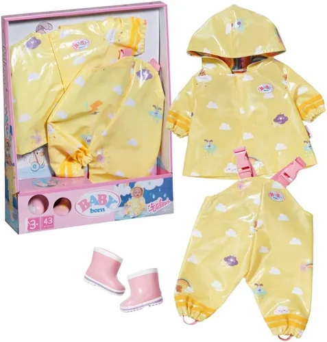 Baby Born Deluxe Regen-Outfit 43 cm - Puppenkleidung für BABY born mit wasserabweisendem Regenmantel, Regenhose in fröhlichem Gelb und rosa Gummistiefeln – perfekt für nasse Abenteuer!