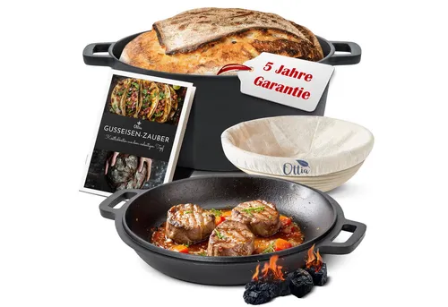 Ottia Gusseisen Topf - Multitalent für Brot, Eintopf & mehr - Pfannen und mehr: Der robuste Gusseisen Topf mit Pfannendeckel ist ideal zum Backen, Braten und Schmoren. Inkl. Gärkorb & Rezeptbuch für kreative Kochideen!